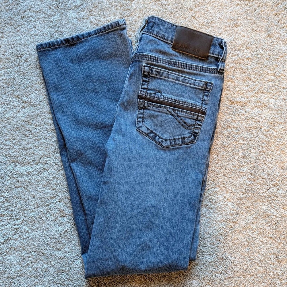 Rank 45 Straight Leg Jeans Mens 30x32 Blue Medium Wash Faux Leather Trim Stretch
